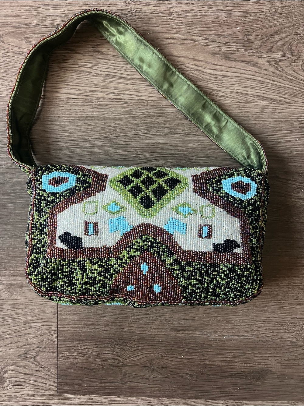 Beaded Shoulder Bag in Green & Multicolor